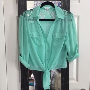 Mint Green Lace Sheer Button Up